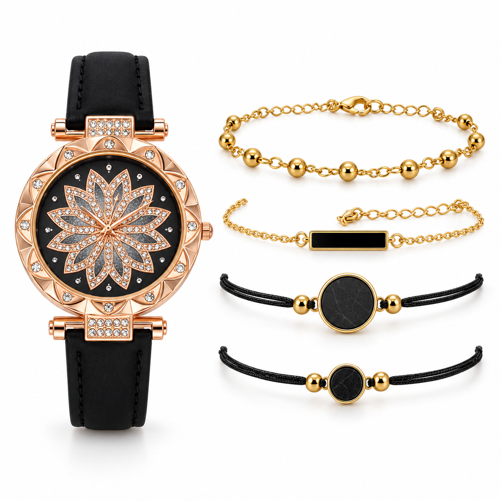 Rose gold floral dial watch with coordinated bracelet set on white studio background