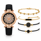 Rose gold floral dial watch with coordinated bracelet set on white studio background