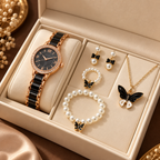 Rose gold butterfly watch and pearl jewellery set in premium box