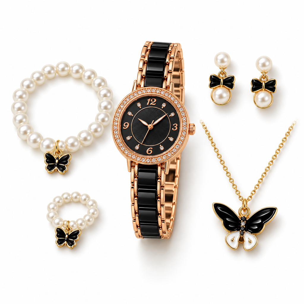 Rose gold black butterfly watch and pearl jewellery set on white background