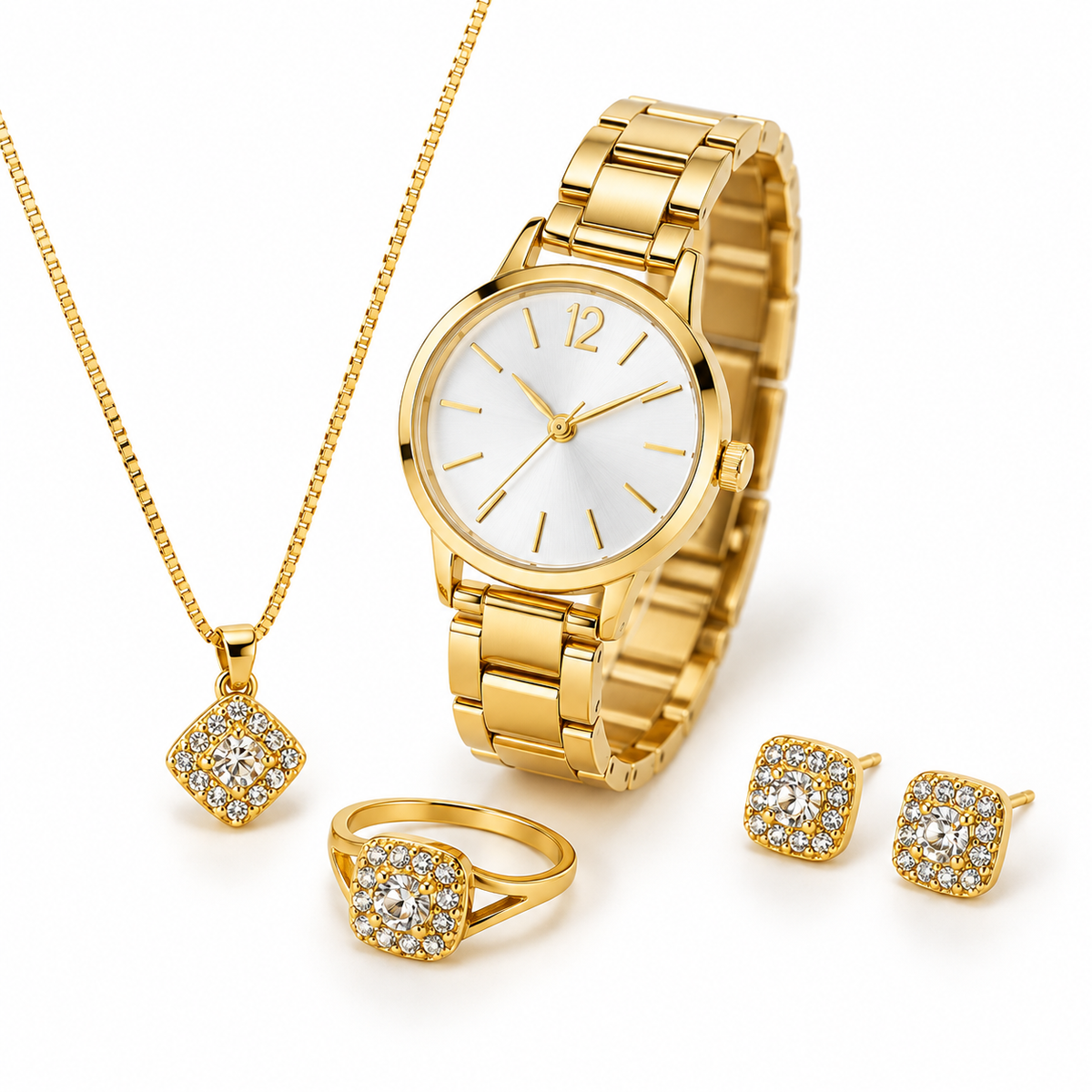 Gold crystal watch and jewellery set on white studio background