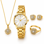 Gold watch with crystal necklace ring and earrings in white studio setting
