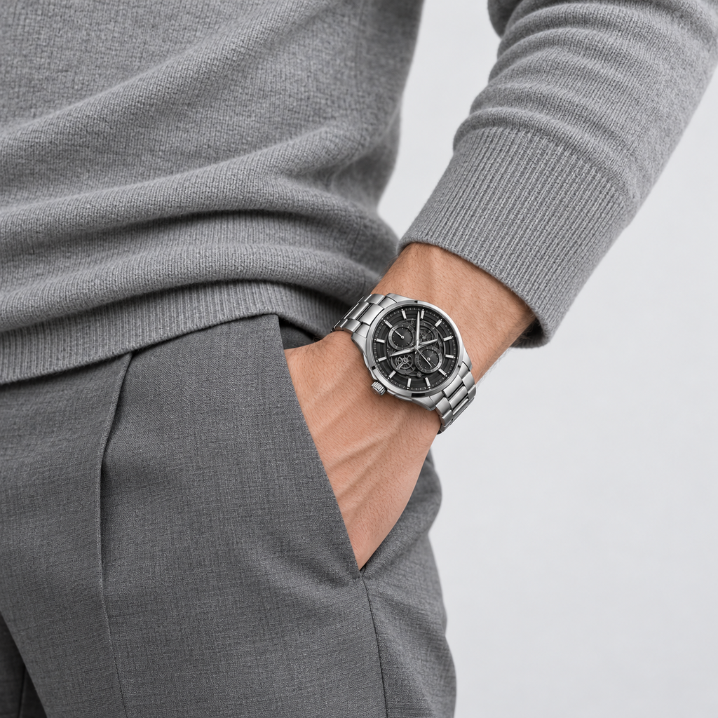 Midnight Mechanica Silver Bracelet Men's Watch - detailed black dial close-up