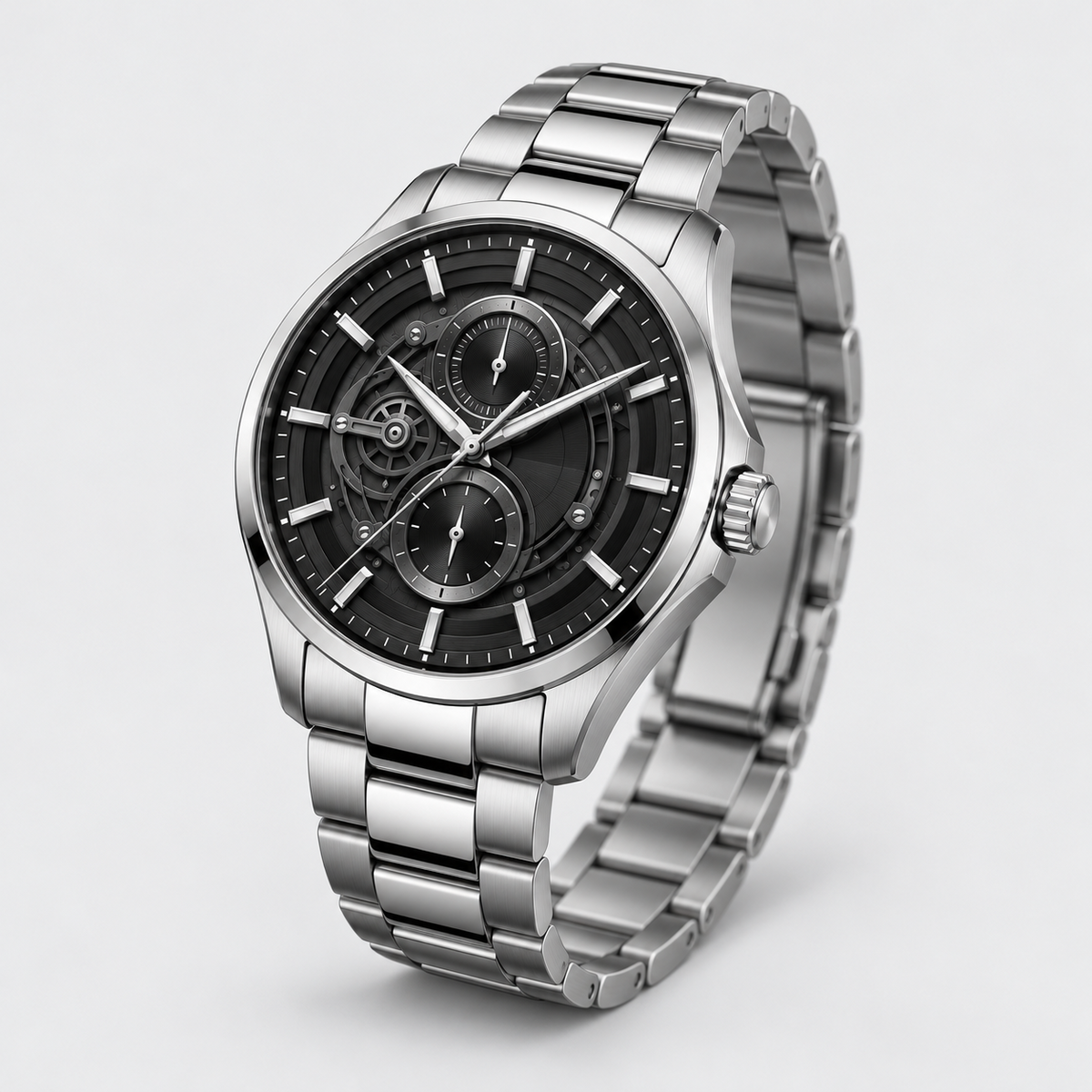 Midnight Mechanica Silver Bracelet Men's Watch - seated lifestyle view
