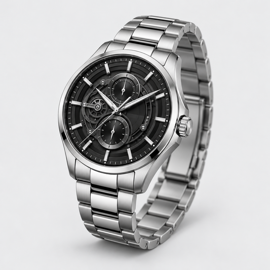 Midnight Mechanica Silver Bracelet Men's Watch - seated lifestyle view