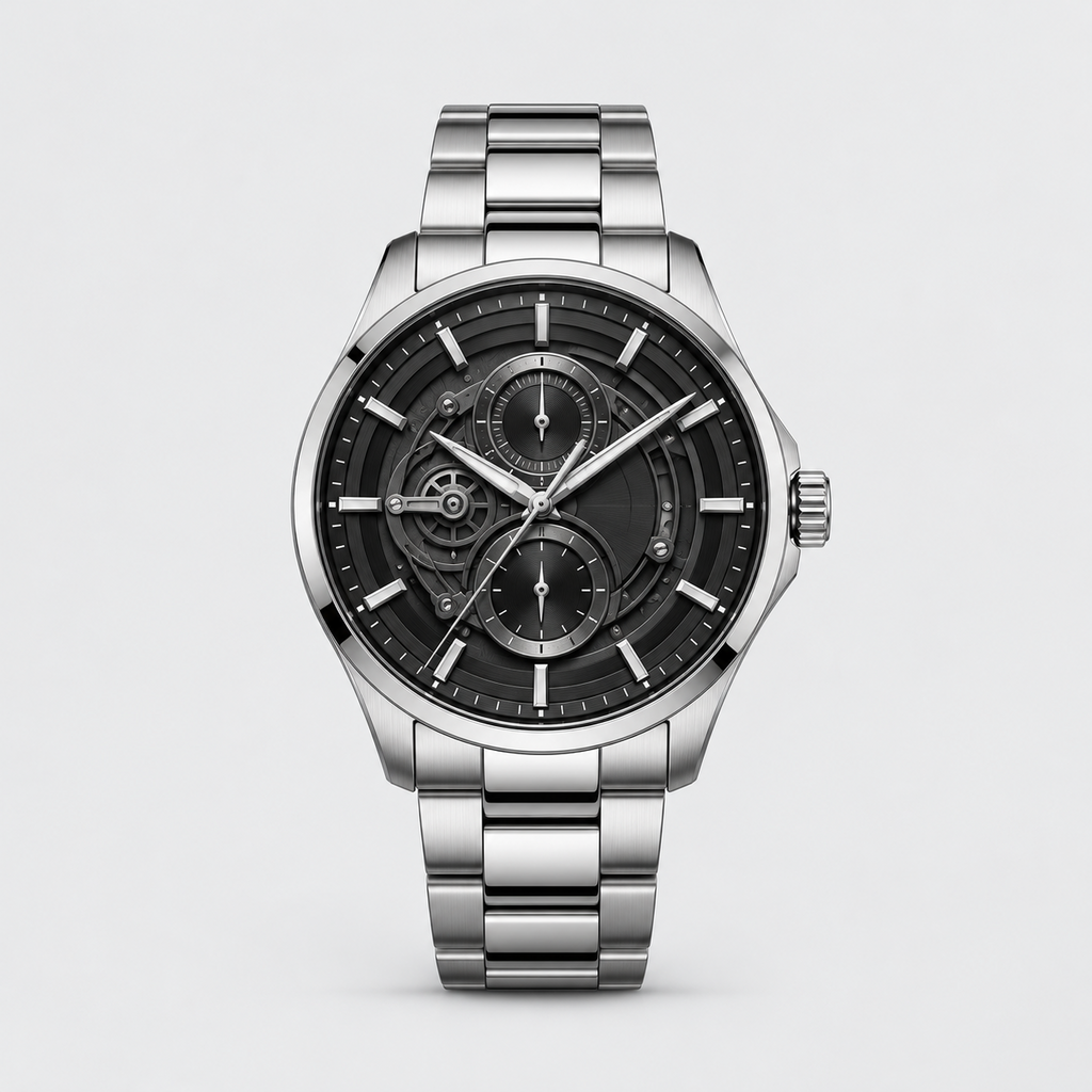 Midnight Mechanica Silver Bracelet Men's Watch - lifestyle wrist close-up