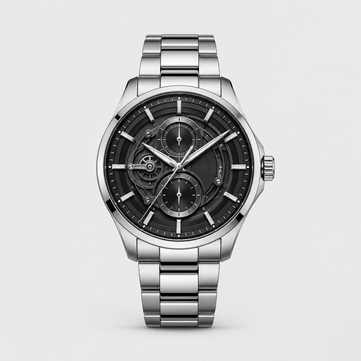 Midnight Mechanica Silver Bracelet Men's Watch - lifestyle wrist close-up