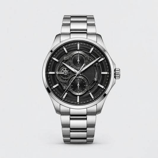 Midnight Mechanica Silver Bracelet Men's Watch - lifestyle wrist close-up