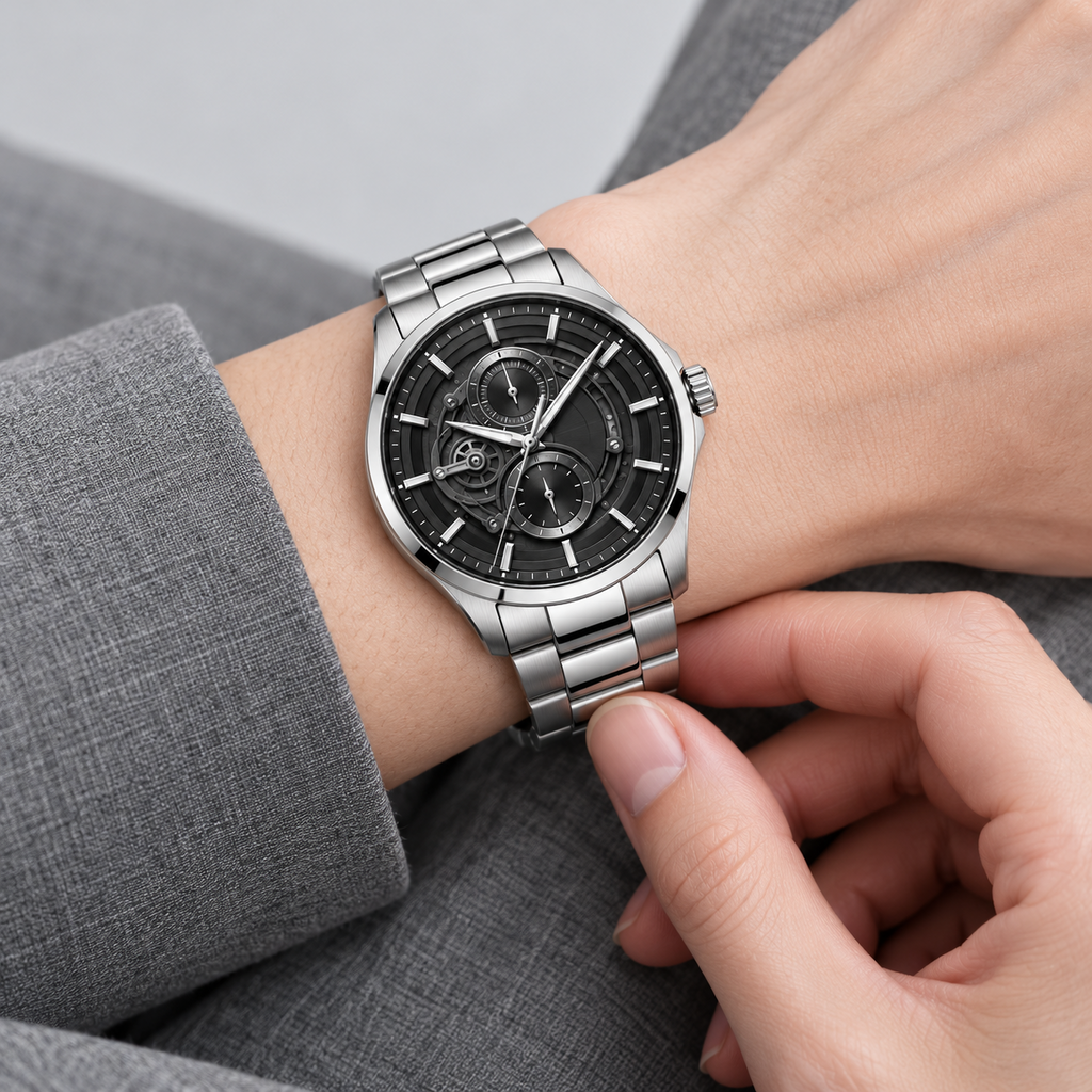 Midnight Mechanica Silver Bracelet Men's Watch - front studio view
