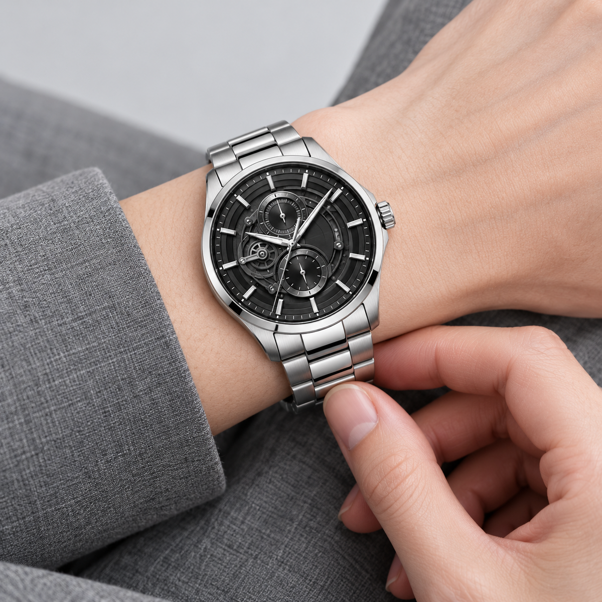 Midnight Mechanica Silver Bracelet Men's Watch - front studio view